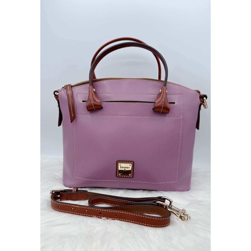 Dooney and Bourke Mauve Lavender Pebble Grain Domed Satchel Brown Trim Handbag